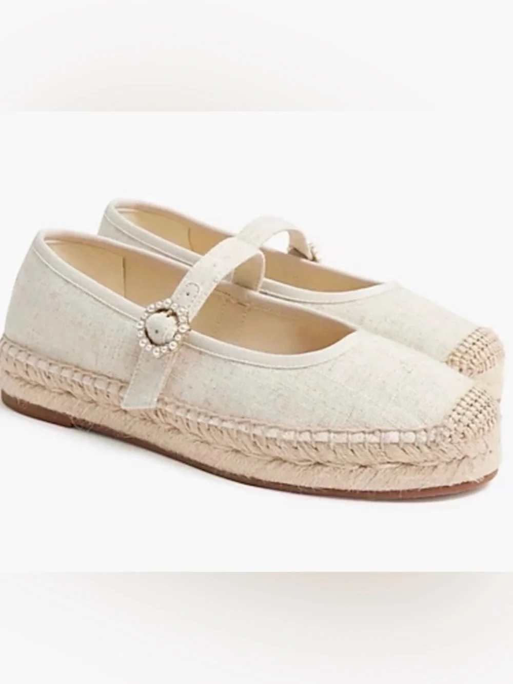 J. Crew Off White Linen Espadrille Mary Shane Flats With Pearl Buckle